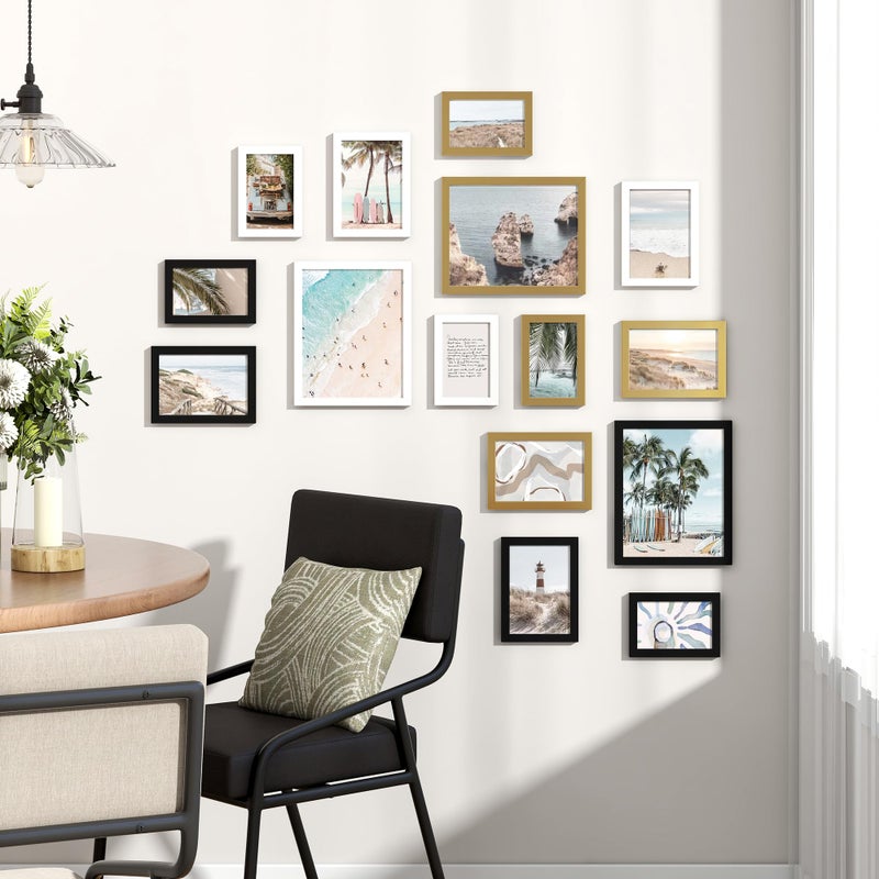 Venusmiles 15 Pack Picture Frames Collage Wall Decor, Gallery Frame Set for Wall Mounting or Tabletop Display, Multi Sizes Including 3pcs 8x10, 6pcs 5x7, 6pcs 4x6, Black+White+Gold - Image 2